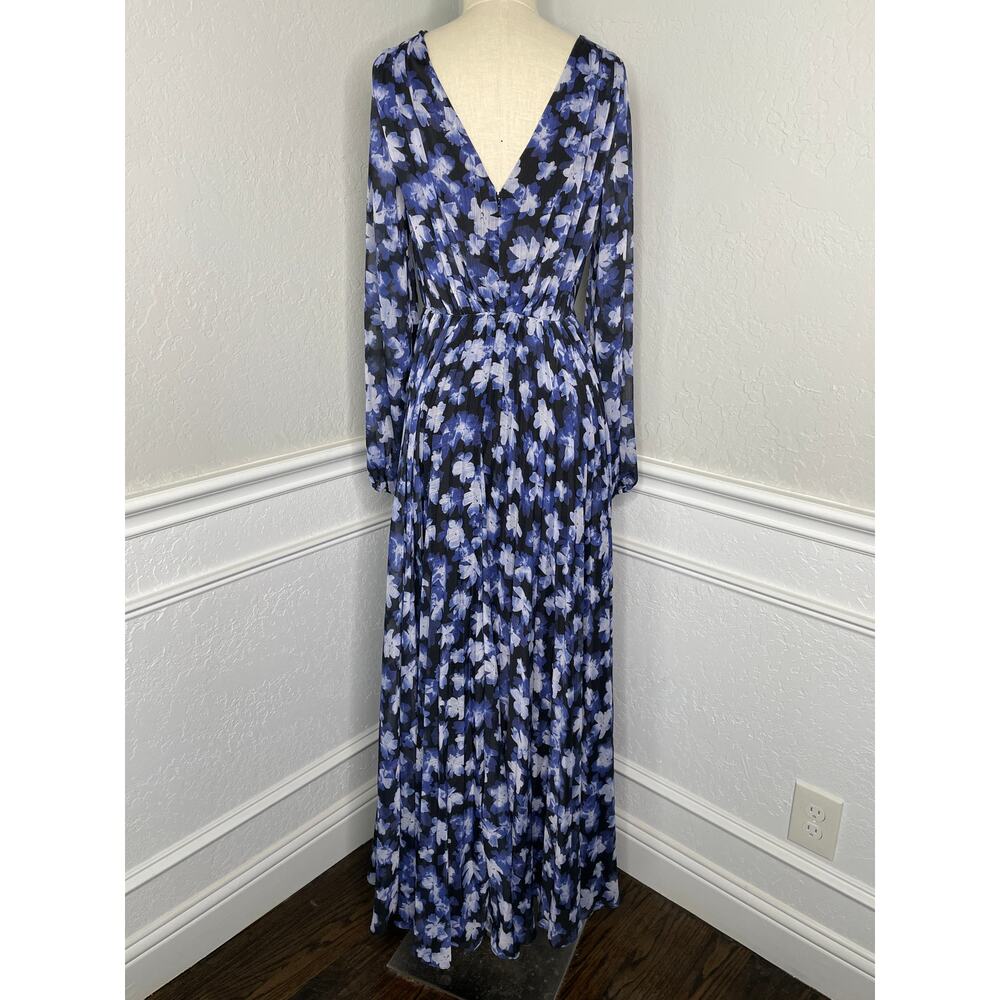 ML Monique Lhuillier Melanie Blue Floral Pleated Maxi Dress Size 4 - Picture 8 of 12